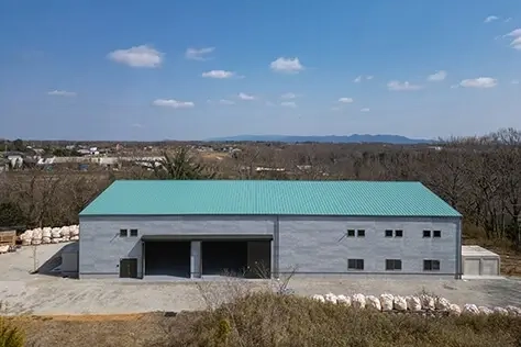 ヒュートの木造大規模建築事例兵庫県小野市の倉庫兼工場ドローン撮影